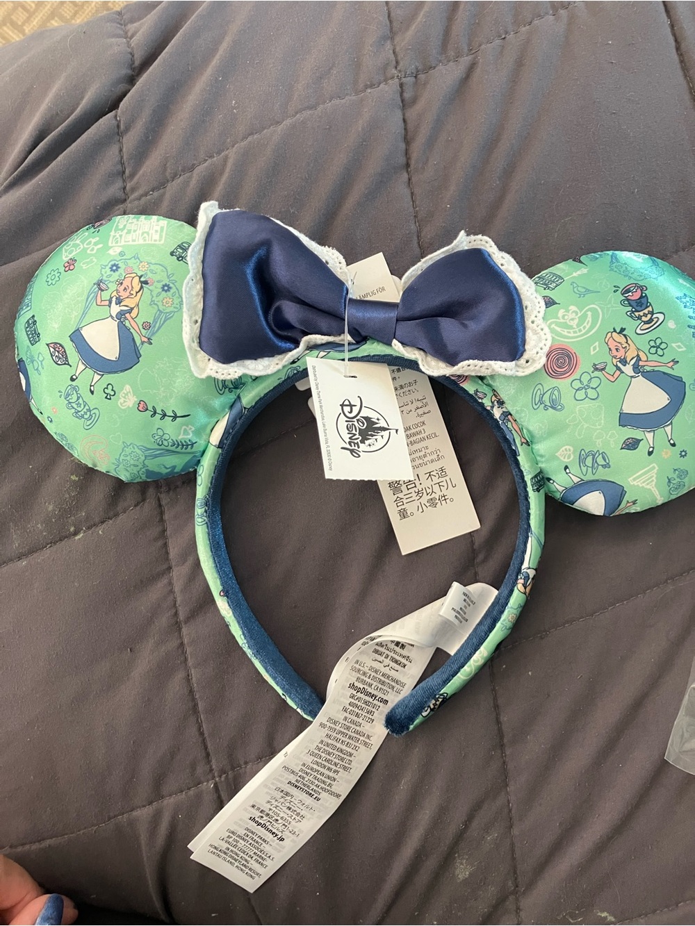 Disney Alice in Wonderland Mint Green Minnie Ear Headband with Navy Bow